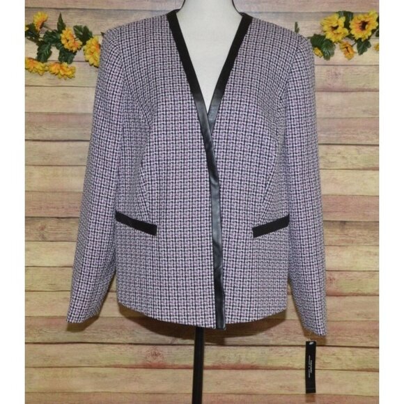 NWT Tahari Arthur Levine 14W Purple Open Tweed Blazer Jacket Faux Leather Trim - Picture 1 of 10